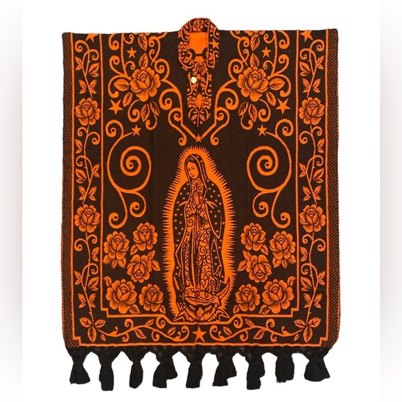 Mexican Our Lady of Guadalupe Poncho Black Orange